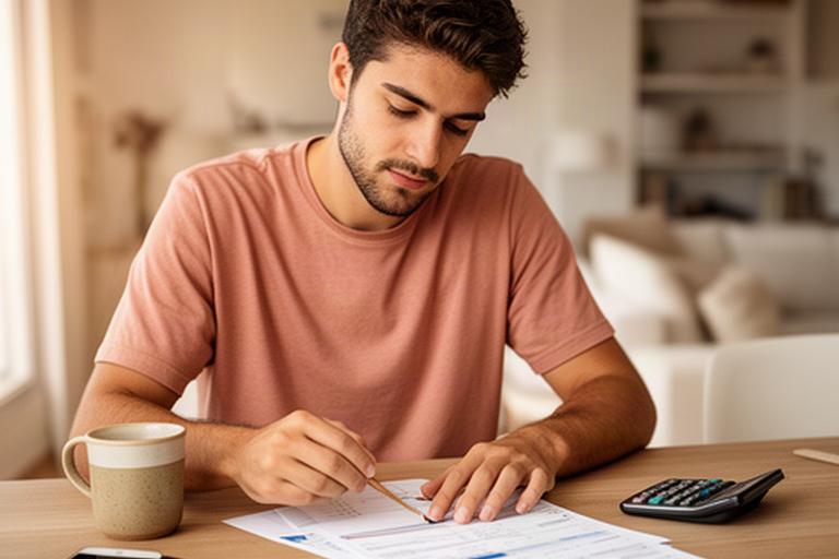 Joven andaluz revisando un plan de ahorro en la mesa de su apartamento antes de comprar una vivienda