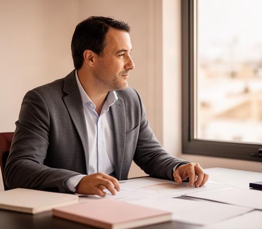 Alejandro Montero revisando un plan financiero junto a una ventana de su despacho en Palma del Río
