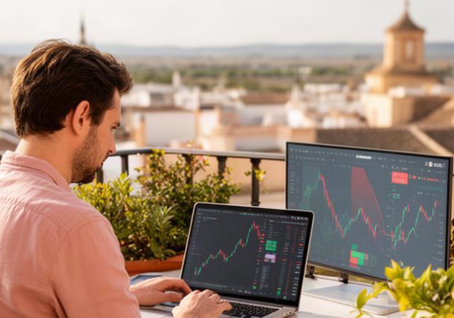 Profesional trabajando con portátil en una terraza de Palma del Río junto a una pantalla con cotizaciones EUR/USD