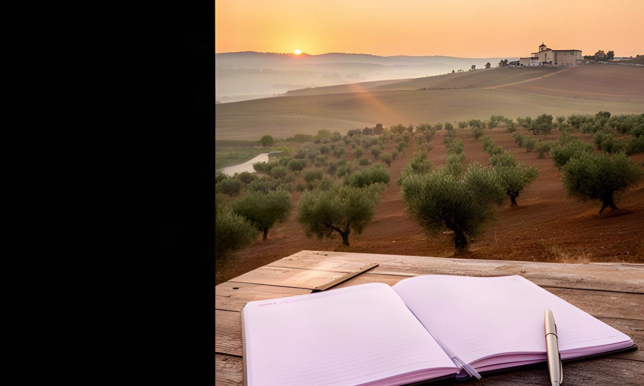 Campiña andaluza al amanecer con una mesa de trabajo y una libreta de presupuesto