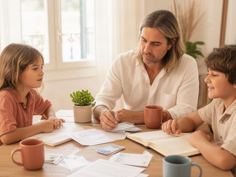 Pareja y dos hijos revisando facturas y una libreta de gastos en una mesa luminosa de un hogar andaluz
